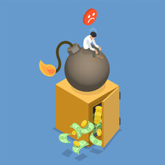 3D Isometric Flat Vector Illustration of Business Danger And Crisis, Young Stressed Unhappy Businessman Sitting on Bomb