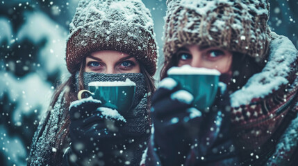 Fototapeta na wymiar Two Women Holding Cups of Coffee in Winter Clothing