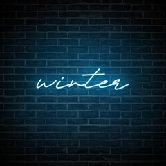 Winter Text Typography with Glowing Neon Light on brick wall Background. Blue neon. 