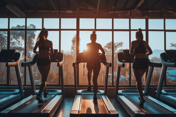 A group of people engaged in a cardio workout by running on treadmills in a gym. Suitable for fitness and exercise-related projects