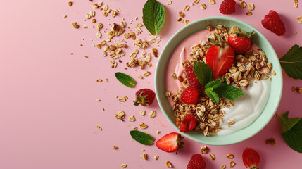 A bowl of yogurt topped with fresh strawberries and garnished with mint leaves. Perfect for a healthy breakfast or snack.