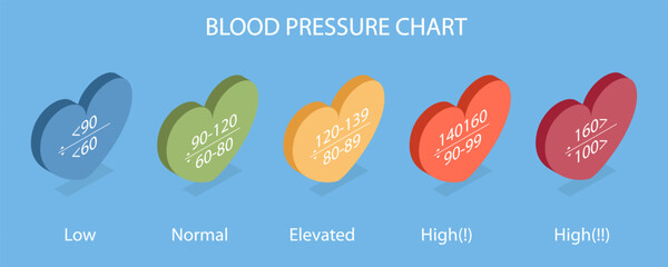 3D Isometric Flat Vector Illustration of Blood Pressure Chart, Ranges of Low, Healthy, Pre-high and High