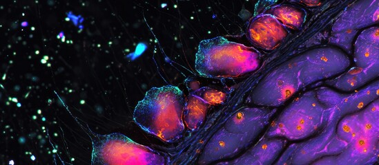 Immunofluorescence-recorded mouse brain section shows distinctive Purkinje cells in the cerebellar folium, via confocal laser scanning microscopy.