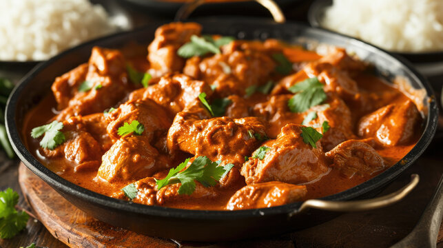 A close-up shot of a pan of food on a table. This versatile image can be used to depict various dining scenes or cooking concepts