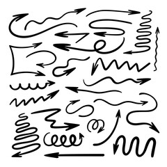 Arrows set simple hand drawn vector illustration, free form curved, straight signs pointing different directions