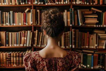 A woman stands in front of a bookshelf filled with books. Suitable for educational, reading, and library concepts