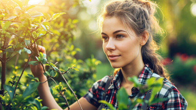 A woman wearing a plaid shirt holding a plant. This versatile image can be used for various purposes