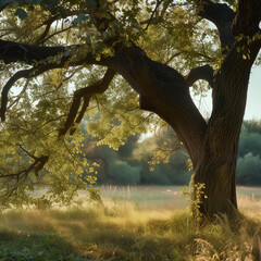 Fototapeta premium Sunlit Tree in Serene Pastoral Landscape