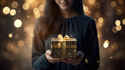  Elegant woman holding a wrapped gift, congratulations, gold . The scene is adorned with a touch of gold, adding a luxurious and celebratory ambiance to the moment. - obrazy, fototapety, plakaty