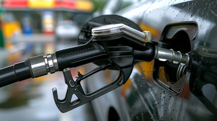 Close up view of car refueling with diesel or petrol  fuel nozzle inserted into dark car s tank