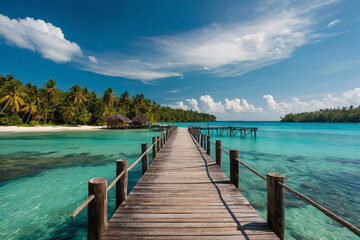 Wooden pier on tropical island with turquoise water and blue sky. Generative AI - obrazy, fototapety, plakaty