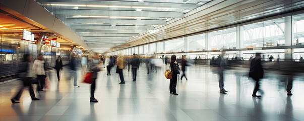 People walking through air port open space hall in motion blur.