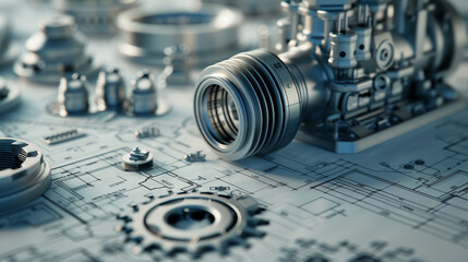 A combustion engine blueprint sprawled across a table detailing the heart of mechanical power