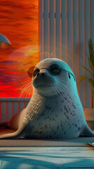 A cool seal character in dark glasses lounges in a studio setup the colored background echoing the cheer of summer