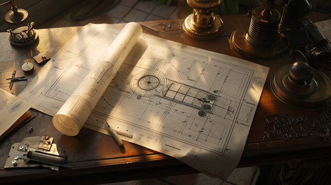 A combustion engine blueprint sprawled across a table detailing the heart of mechanical power