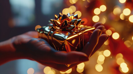 A person holding a small gift in their hand. Can be used for various occasions and celebrations