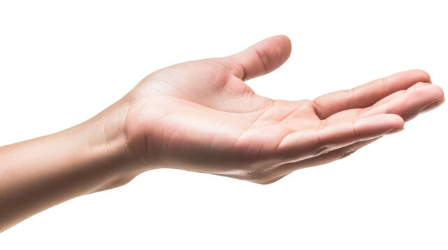 A person holding out their hand against a white background. This image can be used to represent offering help, generosity, or a handshake. It is versatile and can be used in various contexts