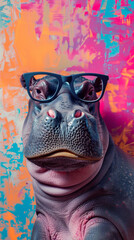 A hippo in dark glasses lounges in a studio a perfect summer scene against a colorful backdrop