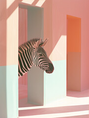 A serene studio setting where a zebra calmly gazes surrounded by a palette of soothing pastels