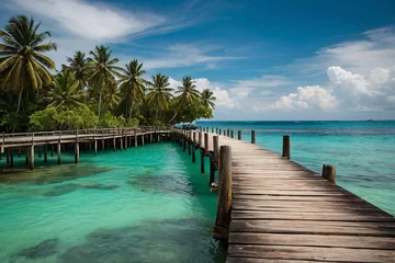 Fotobehang Wooden pier on tropical island with turquoise water and blue sky. Generative AI © igor.nazlo