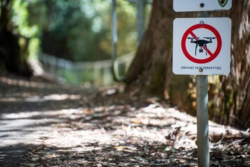 no drones sign in a national park on a path in tasmania australia. no flying sign