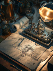 An engineers table under soft light blueprints of a combustion engine revealing the intricacies of power generation