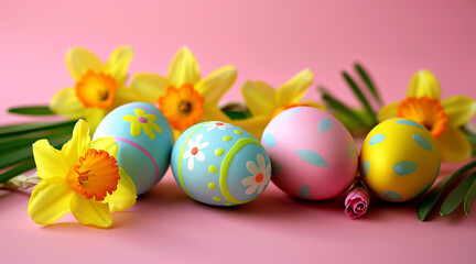 Fototapeta na wymiar Easter pastel background with colorful easter eggs and daffodils, pink background, space for text