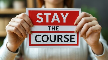 Motivational concept  woman holding  stay the course  sign on blurred background.