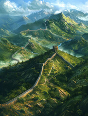 From above the serpentine path of the Great Wall stretches into the horizon a spectacular testament to human ingenuity surrounded by the lush landscape
