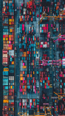 Hovering over a bustling port a drone captures the organized chaos of a freight transport fleet the dance of cranes and ships in vivid detail - obrazy, fototapety, plakaty