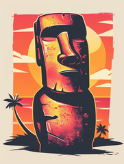 Minimalist Moai character with a soda can sun setting in the background warm summer vibes