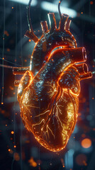 The hologram of a human heart suspended in space its details illuminated represents the future of health education