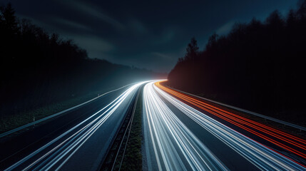Fototapeta na wymiar A captivating long exposure photo capturing the bustling movement of vehicles on a highway at night. Perfect for illustrating the dynamic energy of urban life and transportation.