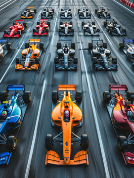 The intense moment as Formula 1 cars line up on the track poised for the thrilling rush of the race