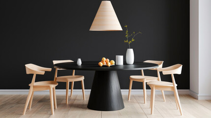 A black dining room with a table and chairs. Suitable for home decor and interior design projects