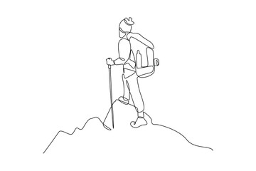 Continuous one line drawing man finished hiking, binocular, and hiking gear reading route map. Looking for direction, trekking location. Single line draw design vector illustration