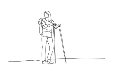 Continuous one line drawing woman go hiking with backpacks, binocular, and hiking gear reading route map. Looking for direction, trekking location. Single line draw design vector illustration