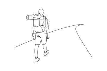 Continuous one line drawing man walking alone in forest, binocular, and hiking gear reading route map. Looking for direction, trekking location. Single line draw design vector illustration