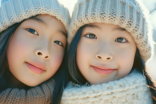 Two young girls are pictured wearing warm knit hats and scarves. This image can be used to depict winter fashion or friendship in cold weather