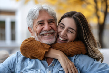 Cheerful beautiful adult daughter child hugging elder grey hair dad from behind with love, affection, gratitude, visiting parent at home, looking at camera, smiling, laughing. Family portrait