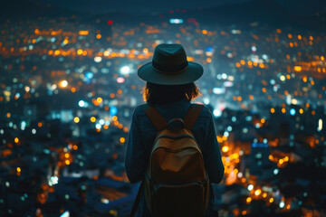 A woman wearing a hat gazes out over the city at night, contemplating the urban landscape. This image can be used to portray solitude, wanderlust, or urban exploration - obrazy, fototapety, plakaty