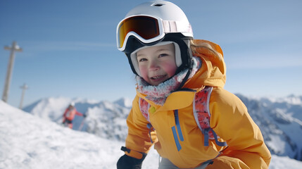 Fototapeta na wymiar A young girl wearing a yellow jacket and goggles is pictured on a ski slope. This image can be used to depict winter sports and outdoor activities