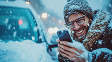 A man dressed in winter clothing is seen looking at his smartphone. This image can be used to depict technology usage in cold weather or the concept of staying connected in winter - Powered by Adobe