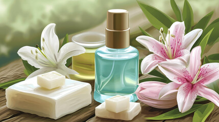 A close-up view of a bottle of perfume with soap and flowers. This image can be used for beauty and skincare product advertisements or as a background for a spa or wellness website