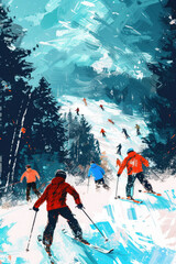 A group of people skiing down a snow covered slope. This image can be used to depict winter sports and outdoor activities