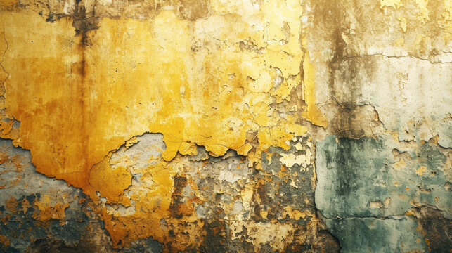A picture of a wall with peeling yellow and blue paint. Suitable for various design projects