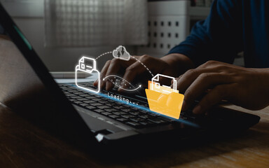 Transfer file, datum sharing, and data migration on cloud technology system. Business people hand...