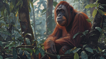 An orangutan sitting in a tree in the jungle. Perfect for nature and wildlife themes - obrazy, fototapety, plakaty