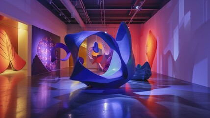 Abstract sculpture installation with interactive shapes, inviting viewers to engage with the artwork
