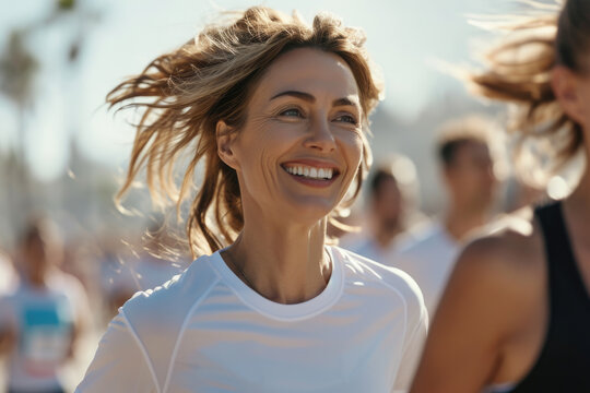 A woman with a smile on her face is seen running in a marathon. This image can be used to depict fitness, health, and determination